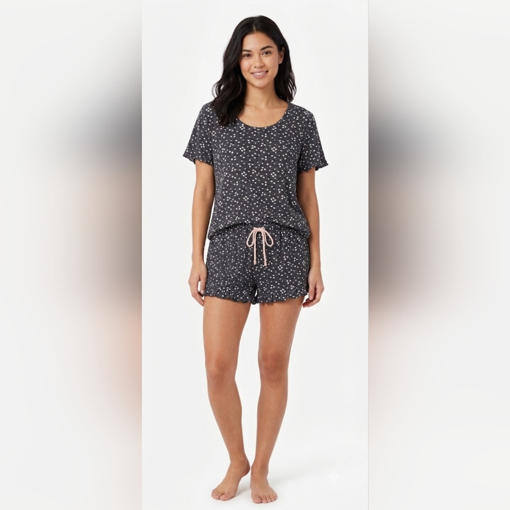 ✨ René Rofé Grey & Pink Heart Print Pajama Short Set | Size L 💕